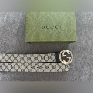Gucci Beige GG Canvas Belt with Silver Interlocking G Buckle